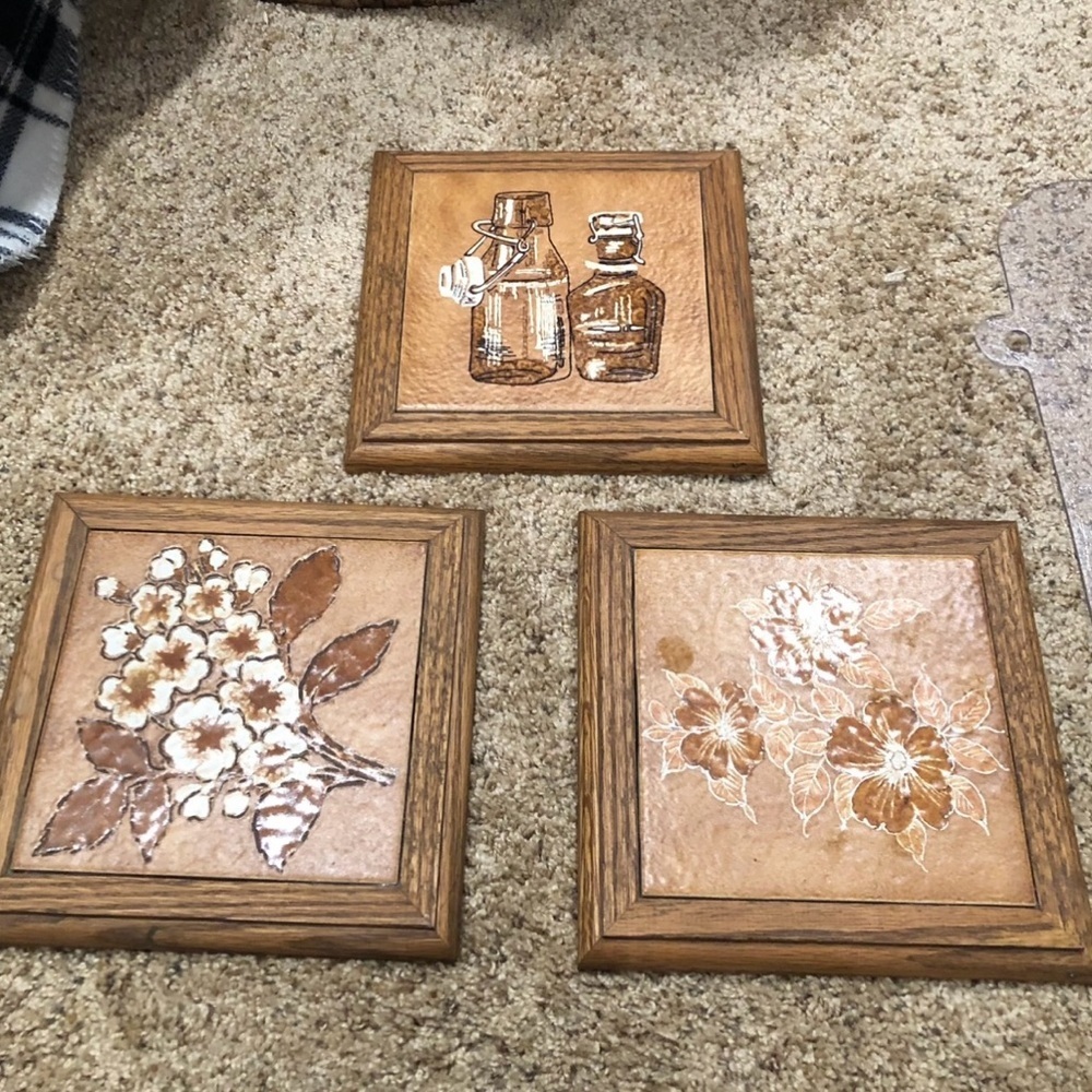 Vintage Mid Century Italian Ceramic Art Tile Trivets Wood Frame Rustic Set of 3